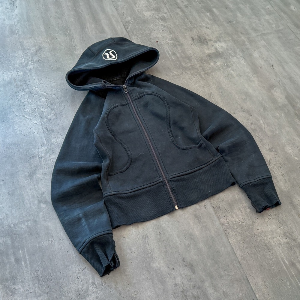 Y2K 2000's 00's Lululemon Black Full Zip Distressed Scuba Graphic Hoodie